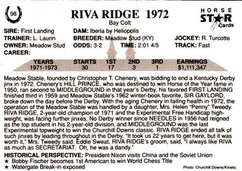 1991 Horse Star Kentucky Derby #98 Riva Ridge Back